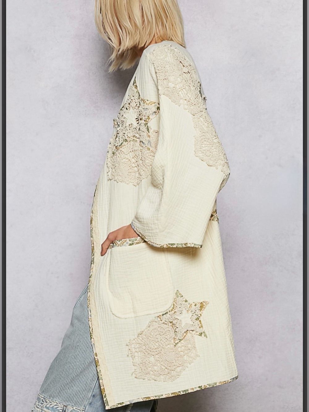 POL Cream Boho Embroidered Tunic Jacket with Lace Star Appliqué - Picture 2 of 3